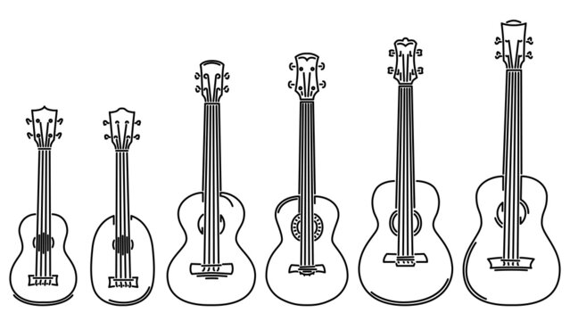 Set of flat design vector images of simple stringed musical instruments ukulele (soprano,"pineapple", concert, tenor, baritone, bass) drawn by lines.