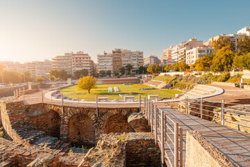 ancient Agora square and Roman Forum of Thessaloniki in the middle of a residential block. Travel...