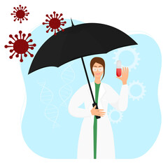 woman doctor in a medical uniform protects herself from viruses. The female Character holds an umbrella and a capsule in her hands . Double protection against diseases. Vector Illustration in a flat 