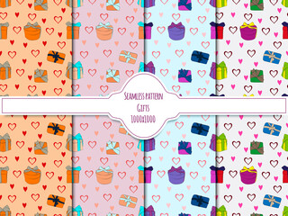 Set of gift seamless patterns with boxes, bows and hearts. 1000x1000, Vector graphics.