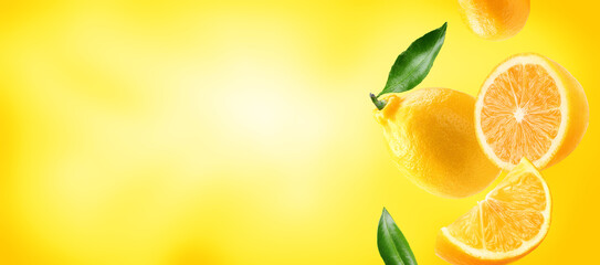 lemon slices and leaves flying on yellow background.Background for packaging and label design