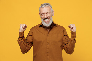 Exultant excited magnificent elderly gray-haired bearded man 40s years old wears brown shirt doing...