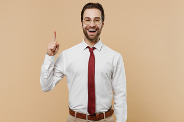 Young successful employee business man corporate lawyer 20s in classic white shirt red tie glasses...