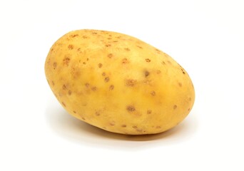 A closeup of one whole ripe potato on white background.