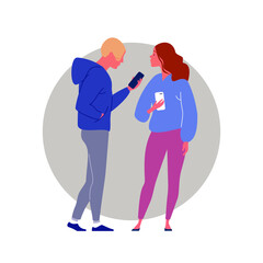 Guy in hoodie and girl in oversized sweater hold their smartphones in their hands and discuss news from the Internet. Vector flat illustration on a round isolated background