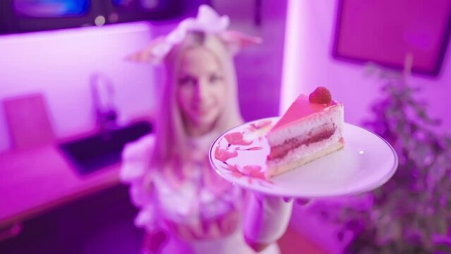 Portrait of cute blonde maid in pink uniform offer cake on plate refocus 4K