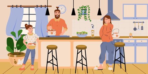 Parents and child cooking together. Kids in the kitchen. Happy family at the kitchen cooking and preparing for dinner. Cartoon vector illustration