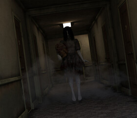 Illustration of a sinister girl in a blood stained dress floating down a corridor