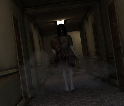 Illustration Of A Sinister Girl In A Blood Stained Dress Floating Down A Corridor