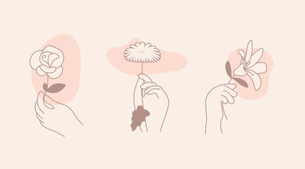 Hands with flower in trendy outline minimal style