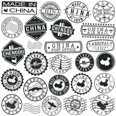 Chengdu, Sichuan, China Set of Stamps. Travel Stamp. Made In Product. Design Seals Old Style Insignia.