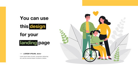 Happy mother and father with daughter on wheelchair. Man and woman with disabled girl flat vector illustration. Family, disability concept for banner, website design or landing web page