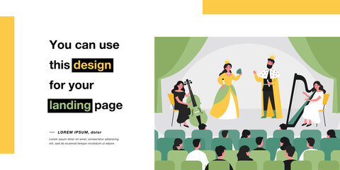 Theatrical performance, view from auditorium. Flat vector illustration. Spectators sitting in armchairs, watching musical with actors in costumes and musicians on stage. Theater, entertainment concept