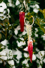 keychain made with epoxy resin. Digital keychain on hedges. Photo hedges.