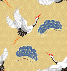 Seamless pattern with Cranes. Japanese pattern. Ornament with oriental motifs. Vector.