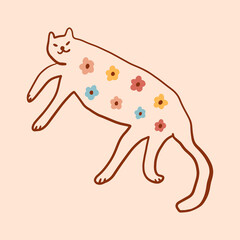 Flowers cat groovy cute comic character boho doodle modern art print funny handdrawn childish cartoon funky trendy style vector illustration clipart