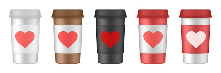 Valentine's day. Set of paper coffee cups with cupholders. Coffee to go. Take away. White paper cups, blank brown container with lid for latte, mocha or cappuccino drinks. Carton cup holder with heart