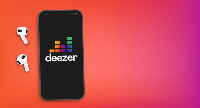 Mobile phone with Deezer app, vector editorial illustration