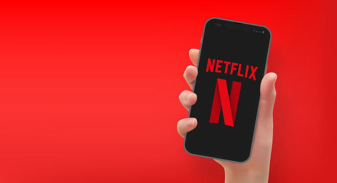 Woman hand holding the smartphone with logo Netflix, vector editorial illustration