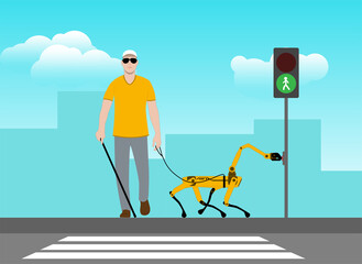A robot dog helps a blind man cross the road. The robot dog turns on the green traffic light.