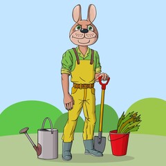 The rabbit is working in the garden. Grows carrots and various vegetables. Vector illustration.