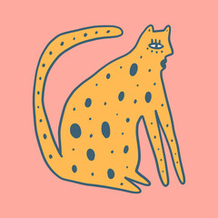 Leopard cat groovy cute comic character boho doodle modern art print funny handdrawn childish cartoon funky trendy style vector illustration clipart