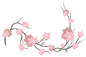 Isolated vector set of abstract colorful branch with blossoming sakura flowers