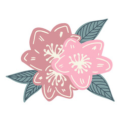 Isolated vector set of abstract colorful blossoming sakura flowers with green leaves