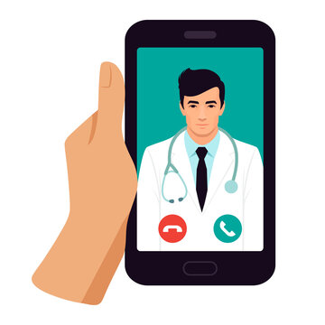 Illustration Of Telemedicine , Medical Exam On Smart Phone, Patient Having Online Conversation With Doctor