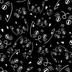 Seamless black and white vector pattern design of lined ornamental cartoon abstract cats snouts