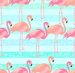 Obraz premium Tropical exotic seamless pattern with pink flamingos. Vector.