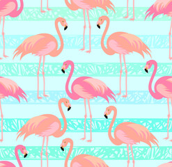 Tropical exotic seamless pattern with pink flamingos. Vector.
