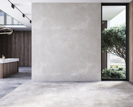 Contemporary minimalist empty interior with blank wall. 3d render illustration mock up.