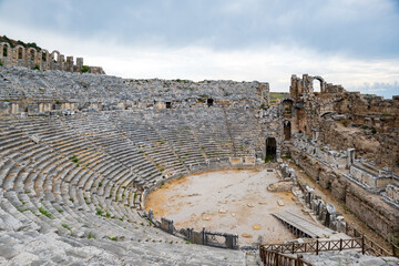 Perge amphitheater ruin at the ancient city archaeological site in Antalya, Turkey. Perge was an important Greek and Roman ancient city.