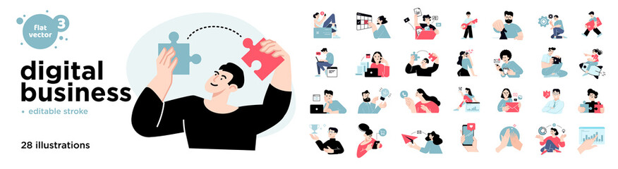 Digital business concept illustrations. Set of flat design vector illustrations of men and women in various activities of online business, e-commerce, communication, marketing. 