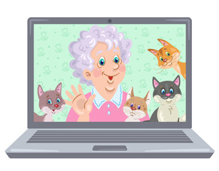 Happy grandmother with four funny cats on a laptop screen. Video chat online. Internet communication. In cartoon style. Vector illustration