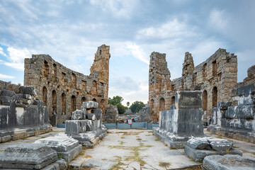 Perge ancient city archaeological site in Antalya, Turkey. Perge was a Greek and Roman ancient city and once the most propserous city of the ancient world.