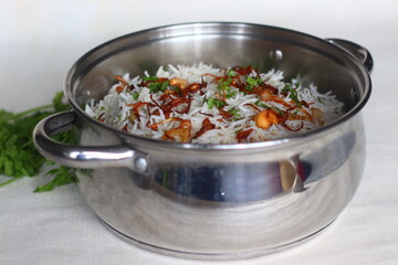 Cottage cheese Biryani or Paneer Biryani inside Biryani pot