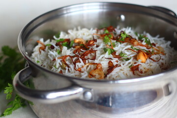 Cottage cheese Biryani or Paneer Biryani inside Biryani pot