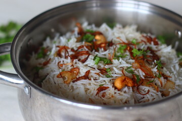 Cottage cheese Biryani or Paneer Biryani inside Biryani pot