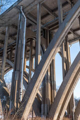 The underside of the Parkway East, state route 376. bridge over Commercial Street in Frick Park located in Pittsburgh, Pennsylvania, USA on a sunny winter day