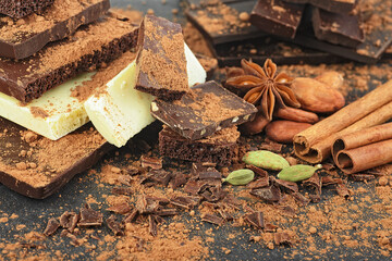 Broken chocolate pieces, spices, cocoa powder and cocoa beans on a black background