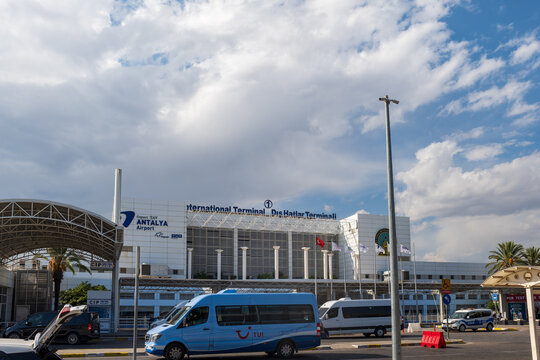 Antalya, Turkey - October 2021: Antalya International Airport building architecture in summer. Antalya is a popular vacation resort area on Mediterranean coast in Turkey