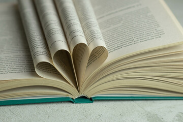 an open book with folded pages in the shape of a heart , the concept of Valentine's day, blurred background