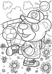 Colouring page with soccer bear on field