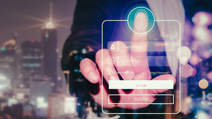Fingerprint Biometric Digital Scan Technology. Graphic interface showing man finger with print scanning identification.Man scans finger to unlock to access privacy, use the internet,access information