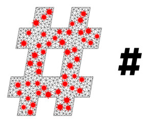 Mesh hashtag using lockdown style. Mesh carcass hashtag image in low poly style with combined linear items and red covid nodes. Vector structure is created from hashtag with covid items.