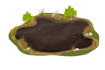 Dirty mud puddle, swamp with stone, grass in cartoon style isolated on white background. Natural wet soil, forest pond, lake clip art. 