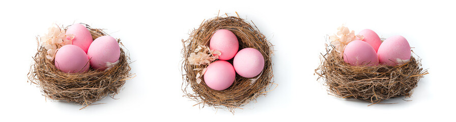 Three nests with pink Easter eggs in different angles isolated on a white background.