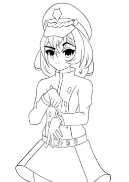 Anime manga cute soldier girl in strict military uniform picture is made with lines